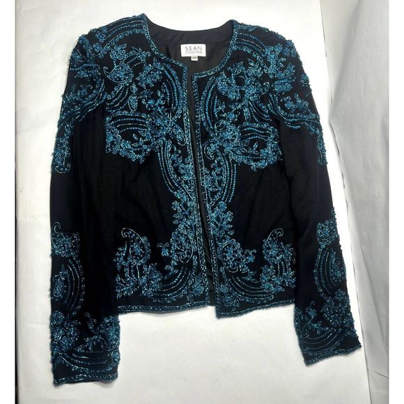 Sean Collection Silk Sequin Beaded Formal Jacket Womens Black Designer Luxury - Picture 6 of 8